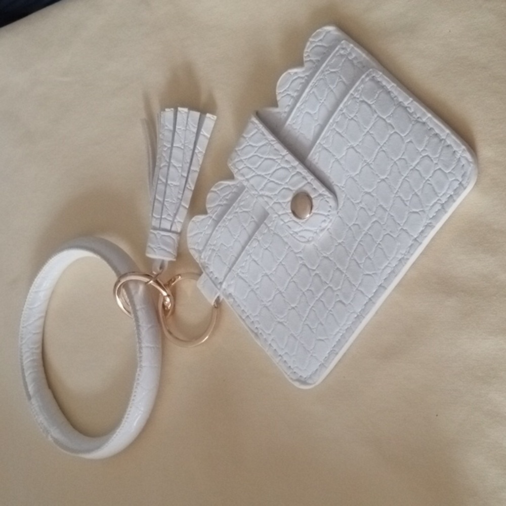 White Faux Leather Key Chain Card Holder Bangle with Tassels